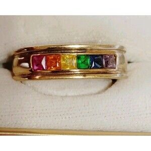 Vintage 925 Sterling Silver Ring Gold Tone Rainbow Colored Stones Marked